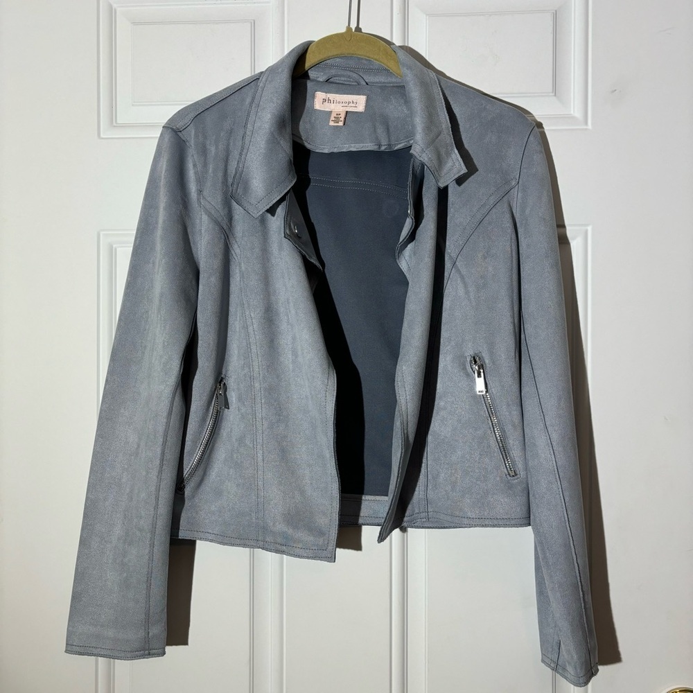 Philosophy Faux Suede Dusty Blue Open Jacket, Size Small